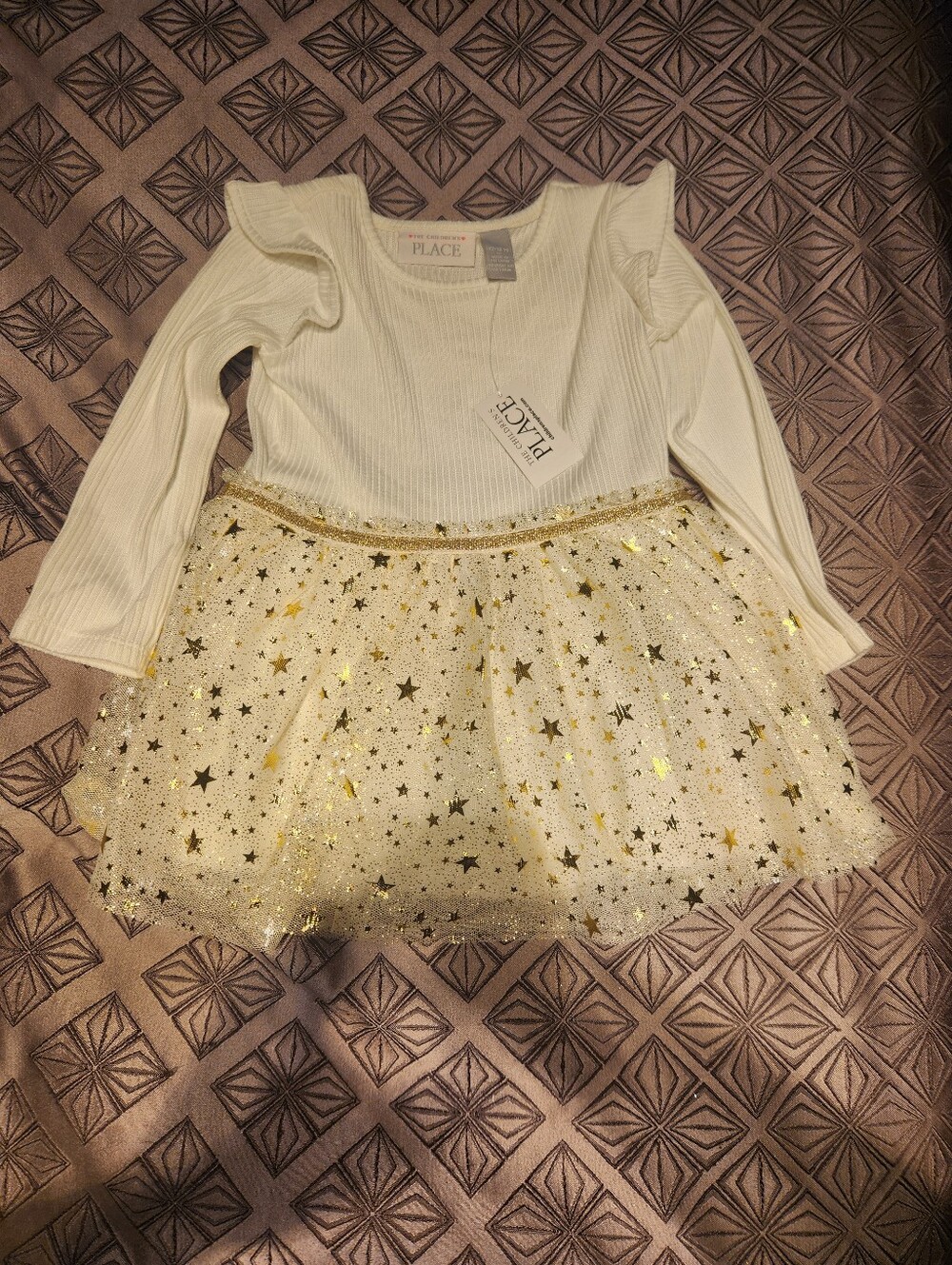 The Children's Place Cream Long-Sleeve Top with Gold Star Tulle Overlay
